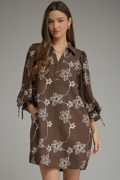 Brown floral balloon-sleeve mini dress, front view