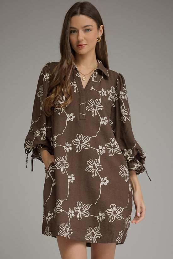 Brown floral balloon-sleeve mini dress, front view