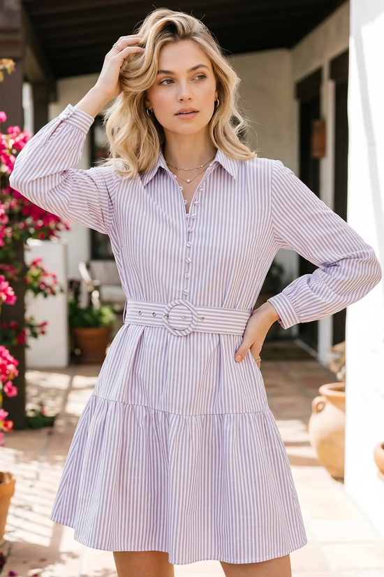 SHE & SKY Belted Stripe Mini Dress in lilac - view 1