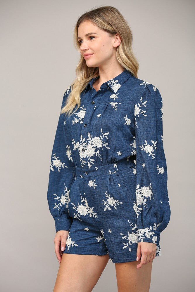 Embroidered Button-Up Romper