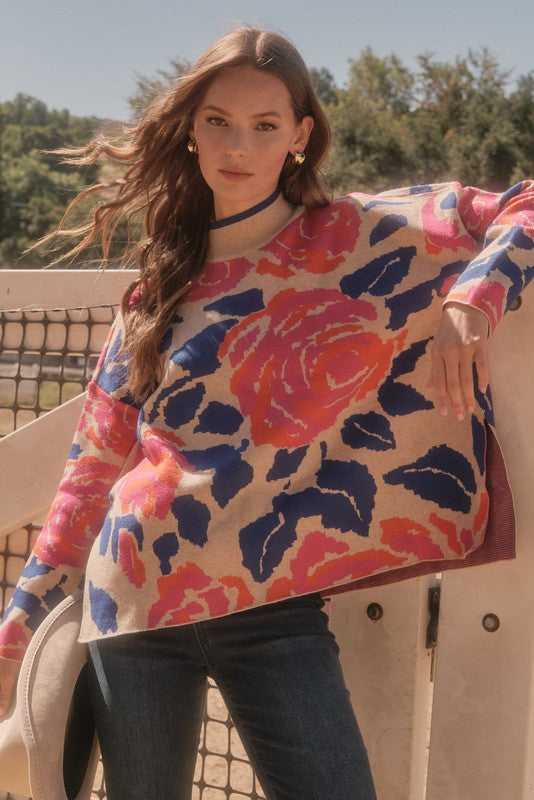 FLORAL MOCK NECK SWEATER