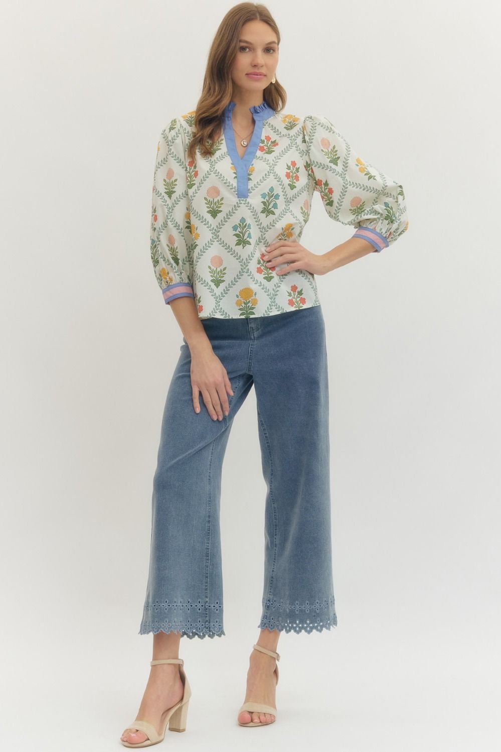 RUFFLE TRIM FLORAL TOP