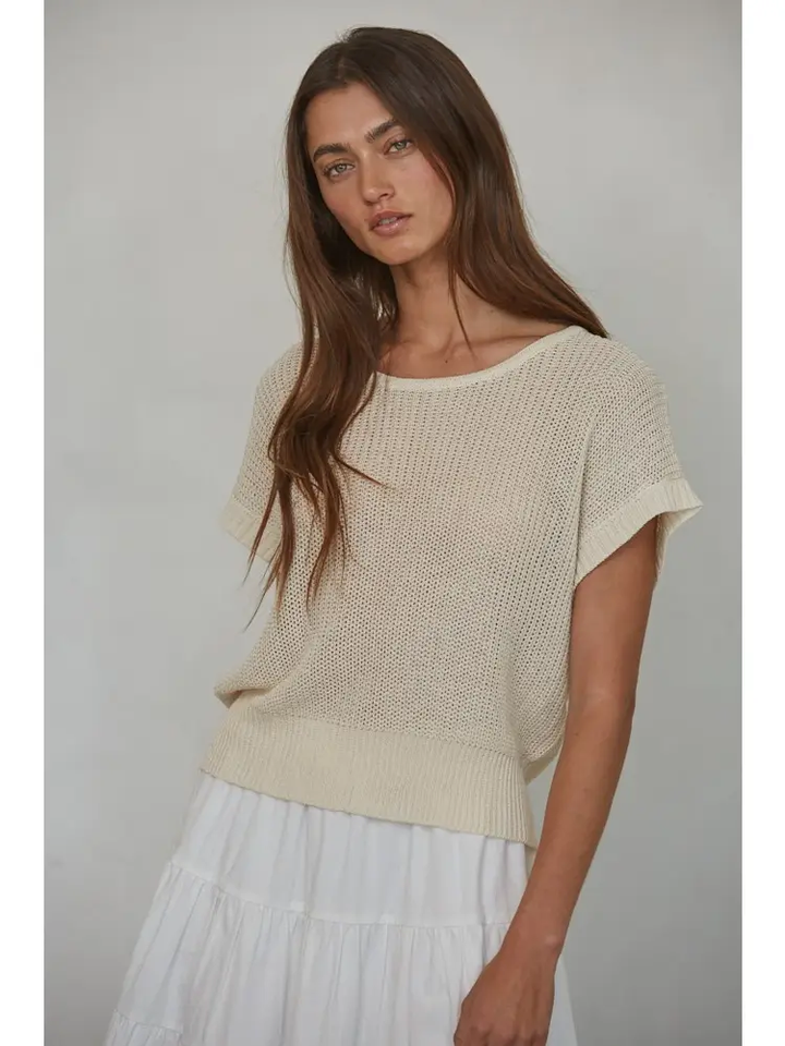 KNIT SHORT SLEEVE OPEN KNIT SWEATER
