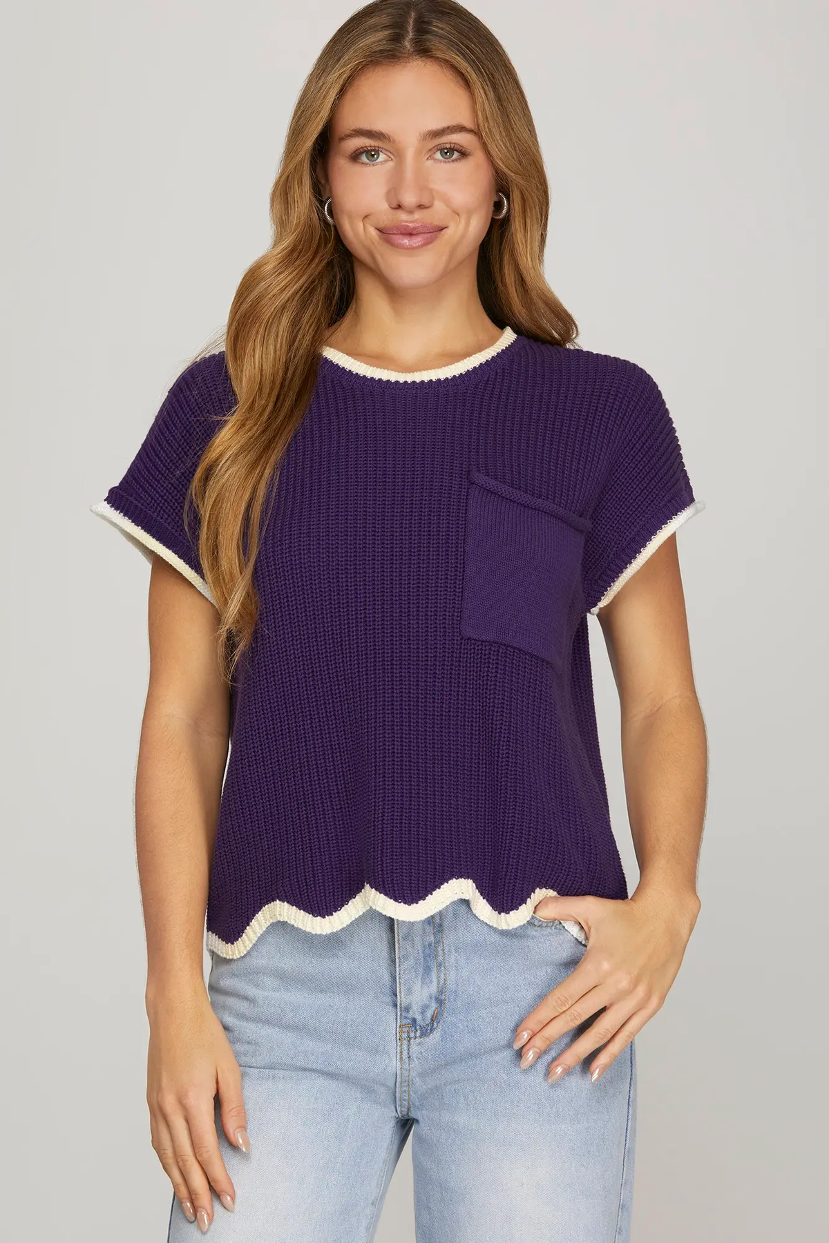Purple contrast scallop-hem short-sleeve sweater - view 1