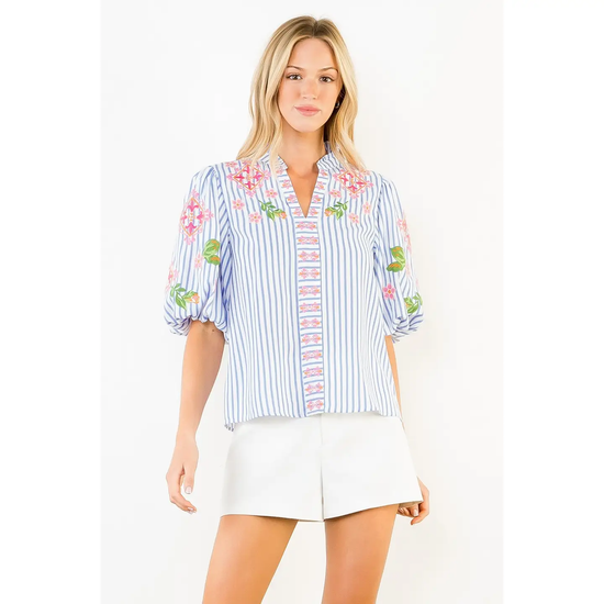 FLORAL EMBROIDERED STRIPED TOP
