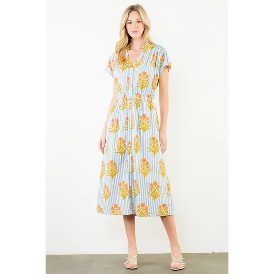 FLORAL & BLUE STRIPED MIDI DRESS