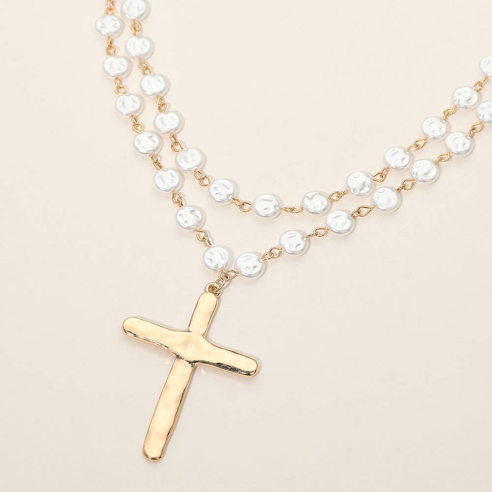 Cross & Pearl Disc Beads Chain Layered Necklace