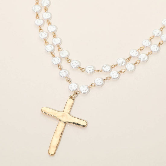 Cross & Pearl Disc Beads Chain Layered Necklace
