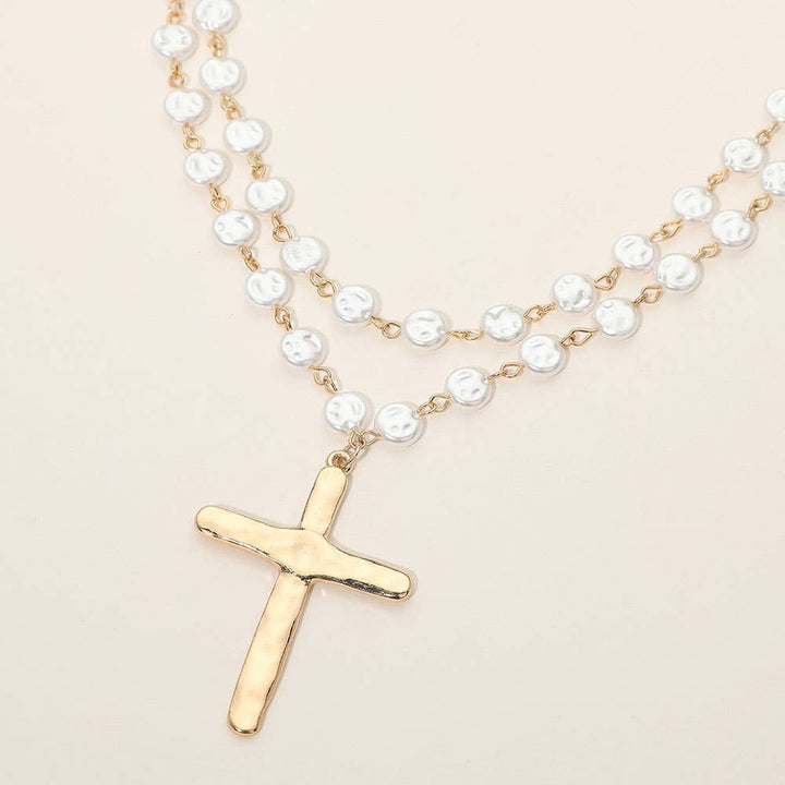 Cross & Pearl Disc Beads Chain Layered Necklace