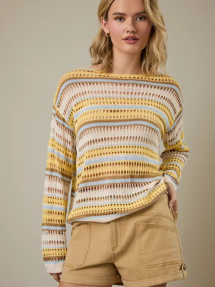 OPEN WEAVE STRIPED SWEATER TOP