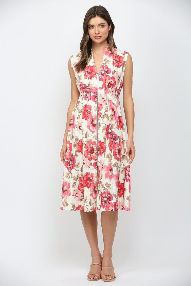 FLORAL ZIP FRONT MIDI DRESS