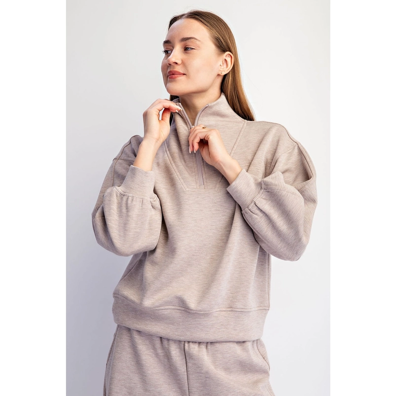 Taupe Weekend Quarter-Zip Pullover with stand collar