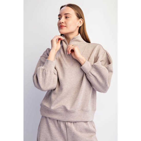 Taupe Weekend Quarter-Zip Pullover with stand collar