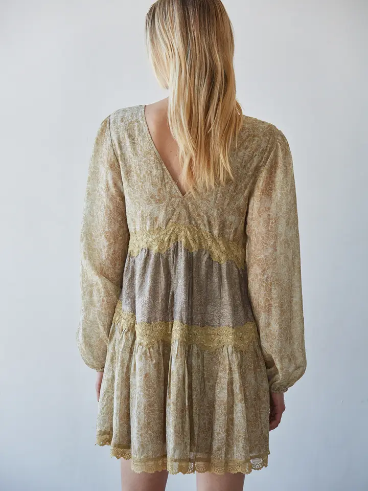 Floral long sleeve mini dress with lace trim, back view