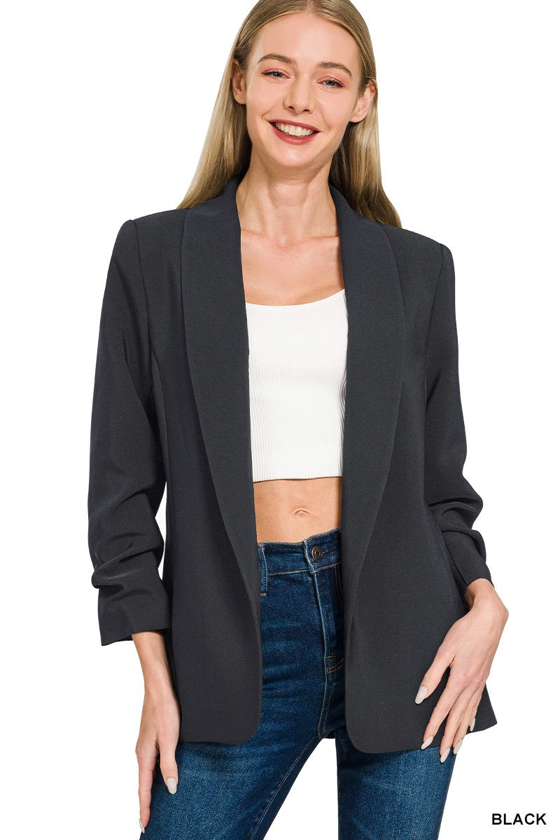 Black open-front blazer with ruched sleeves