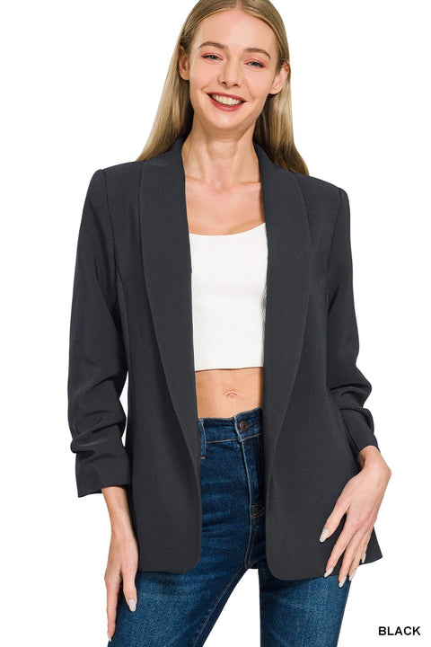 Black open-front blazer with ruched sleeves