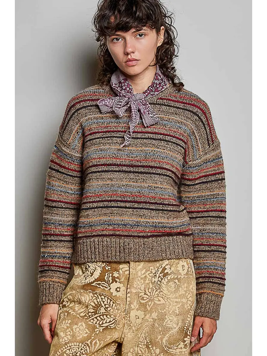 Brown brushed multistripe sweater on model