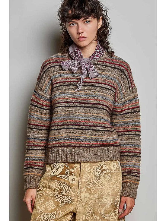 Brown brushed multistripe sweater on model
