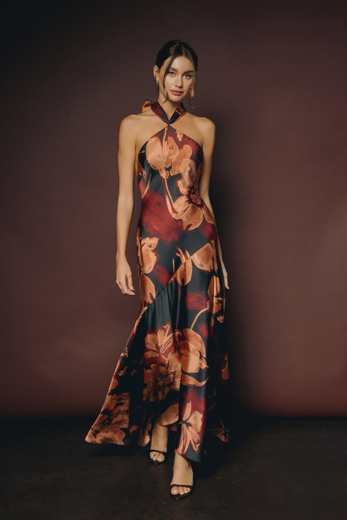 Black / Brown Floral Halter Maxi Dress - front view