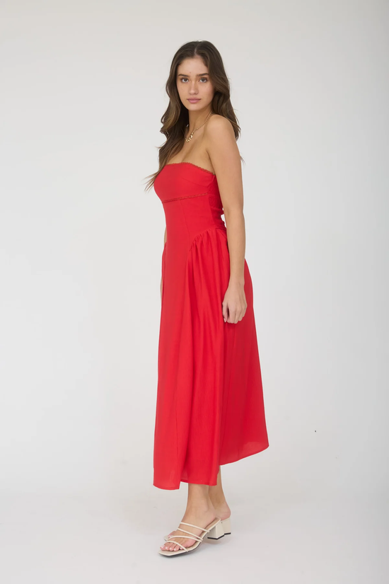 LACE TRIM STRAPLESS MIDI DRESS