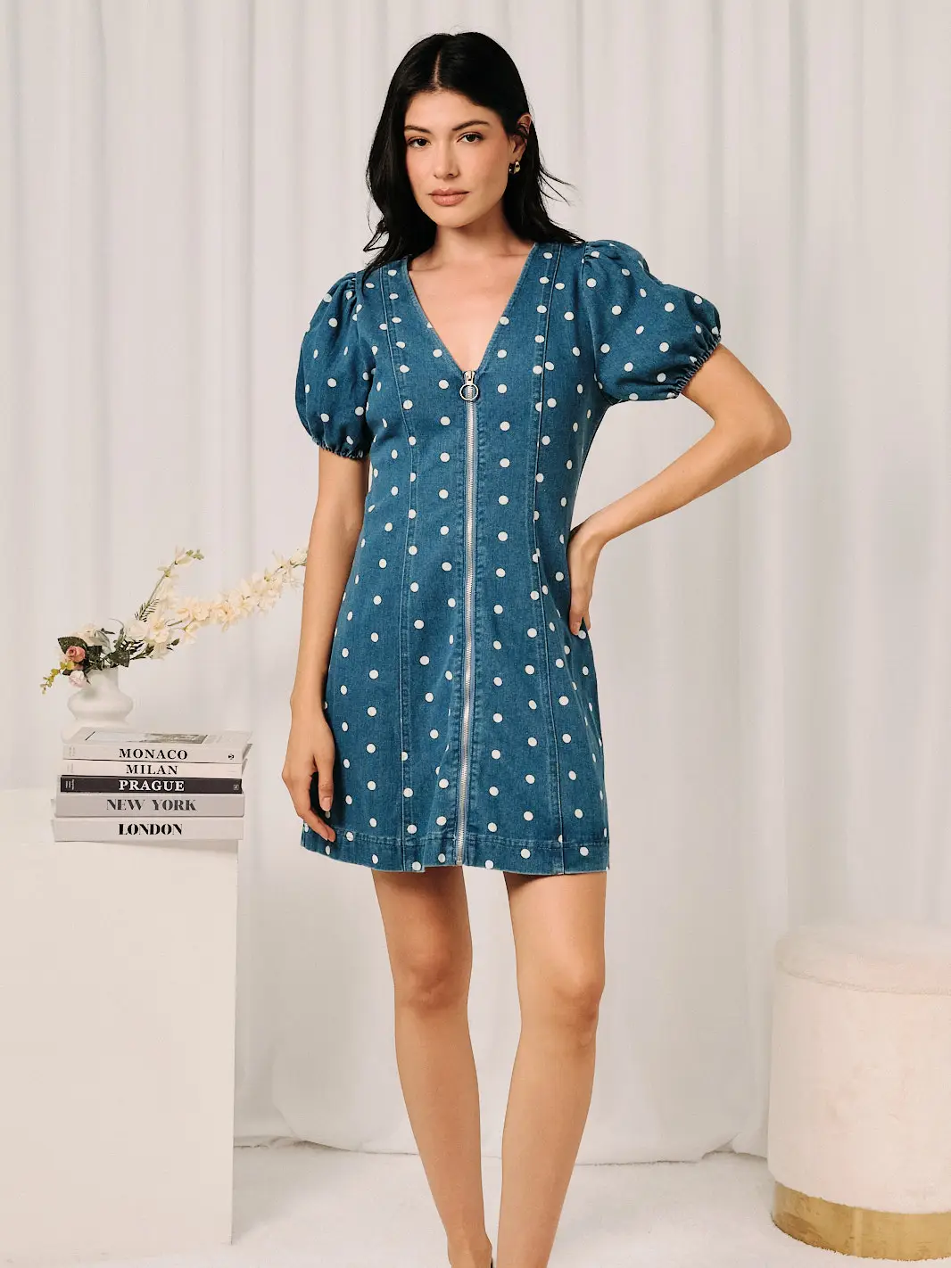 Polka Dot Zip-Front Mini Dress