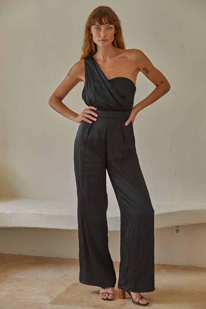 One-Shoulder Satin Wide-Leg Jumpsuit