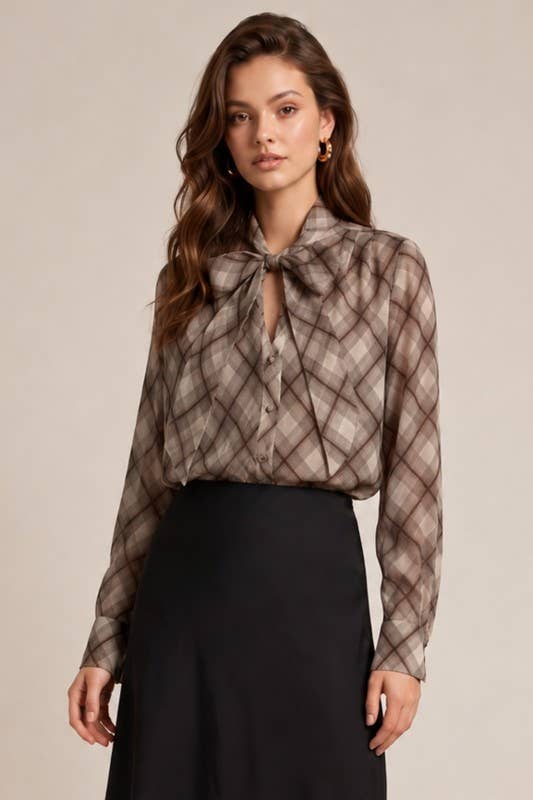 Brown Plaid Tie-Neck Blouse - back view