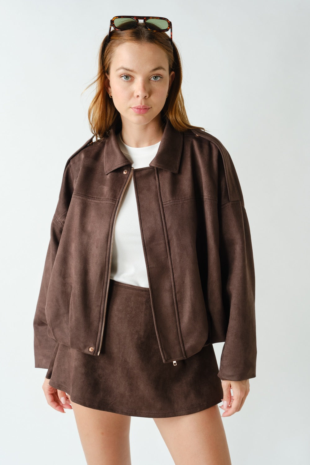Brown Hudson suede-finish jacket - styled view