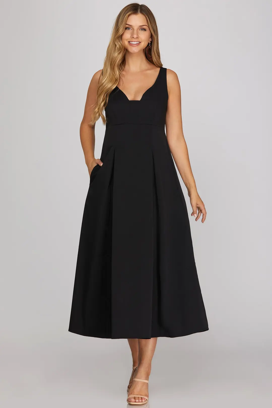 Black sleeveless sweetheart-neck midi dress - view 1