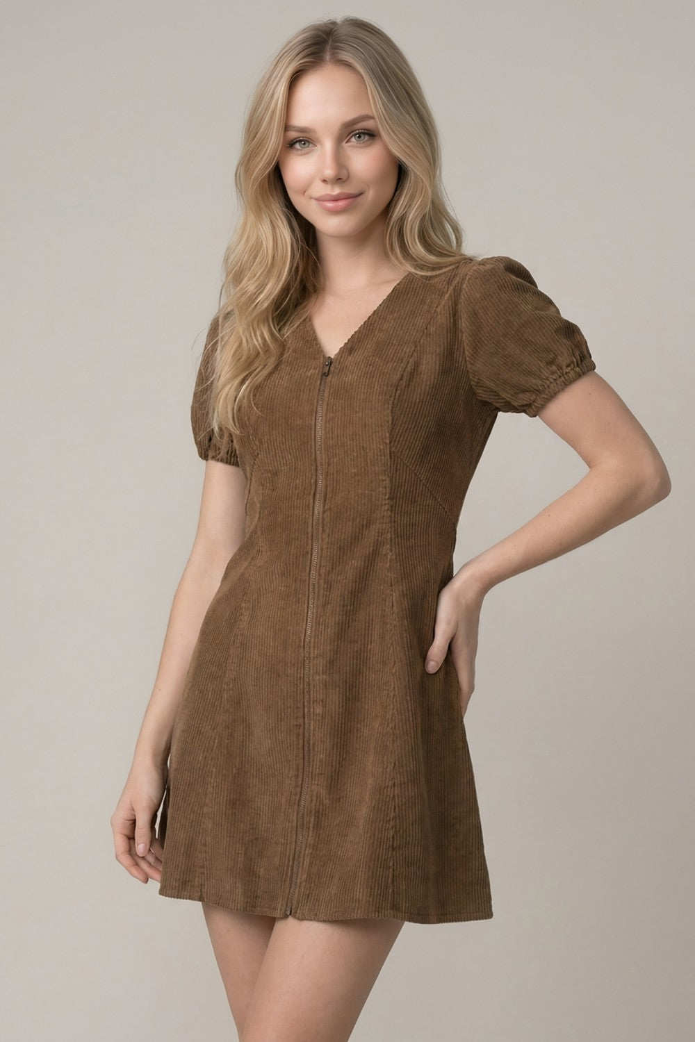 Corduroy Zip-Front Mini Dress in brown - view 1