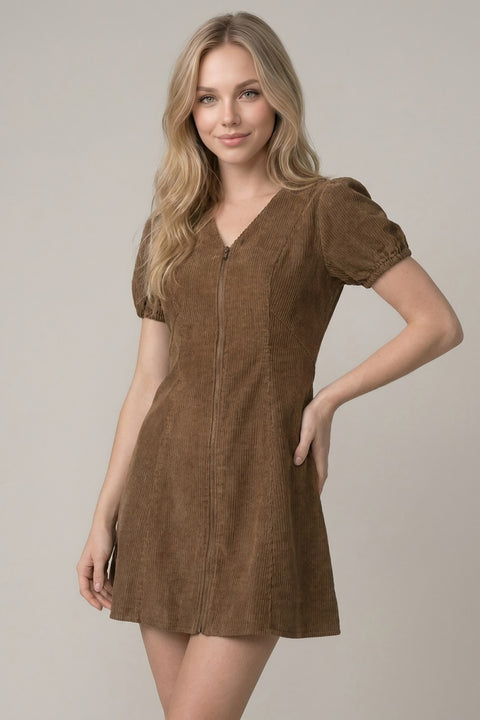 Corduroy Zip-Front Mini Dress in brown - view 1