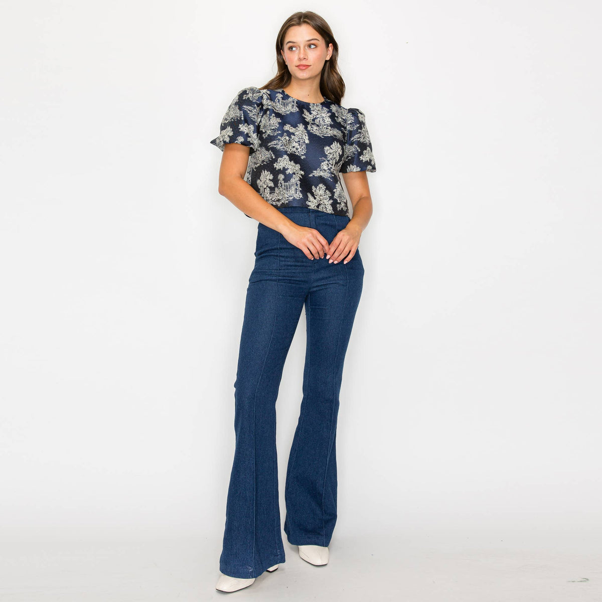 Toile Jacquard Puff-Sleeve Top