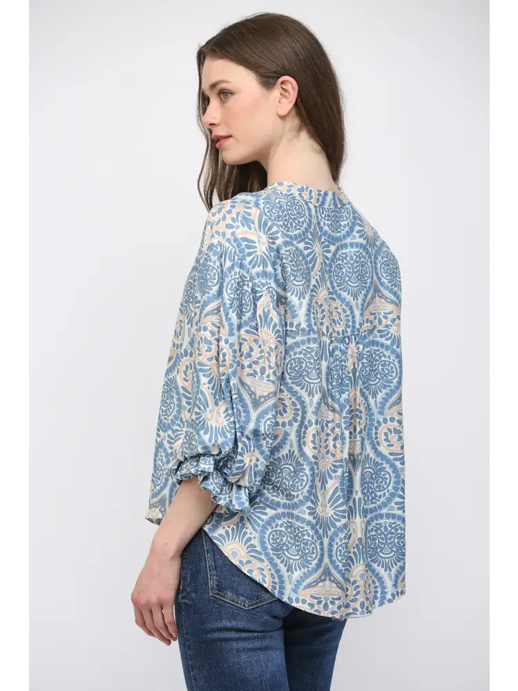 DAMASK PRINT BALLOON SLEEVE TOP