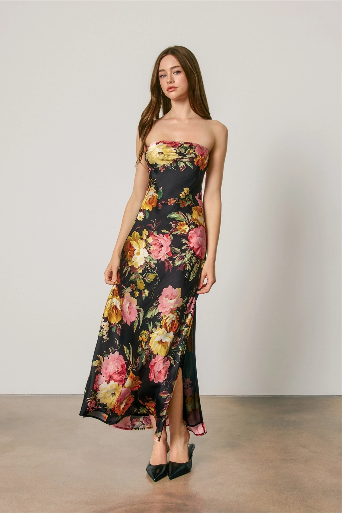 Black floral bias-cut maxi dress side view