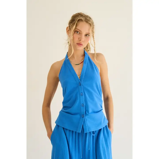 BUTTON DOWN HALTER TOP