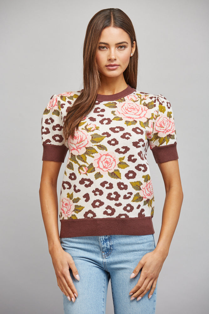 Cream floral and leopard jacquard short-sleeve sweater front view