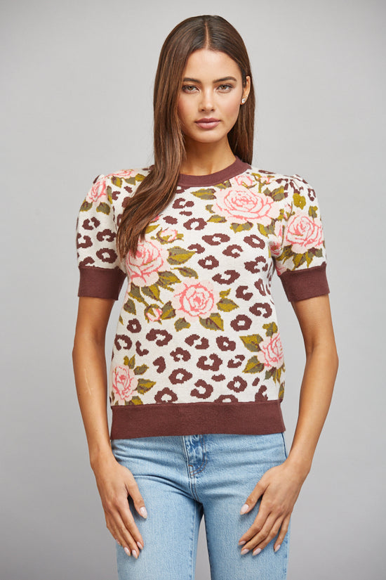 Cream floral and leopard jacquard short-sleeve sweater front view