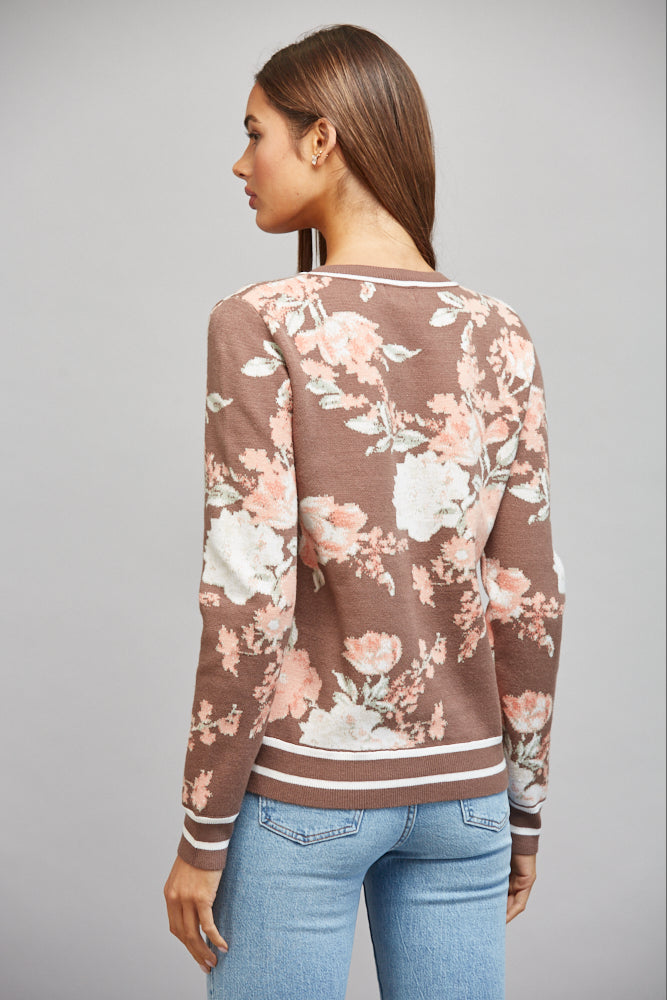 Brown floral jacquard crewneck sweater by Fate