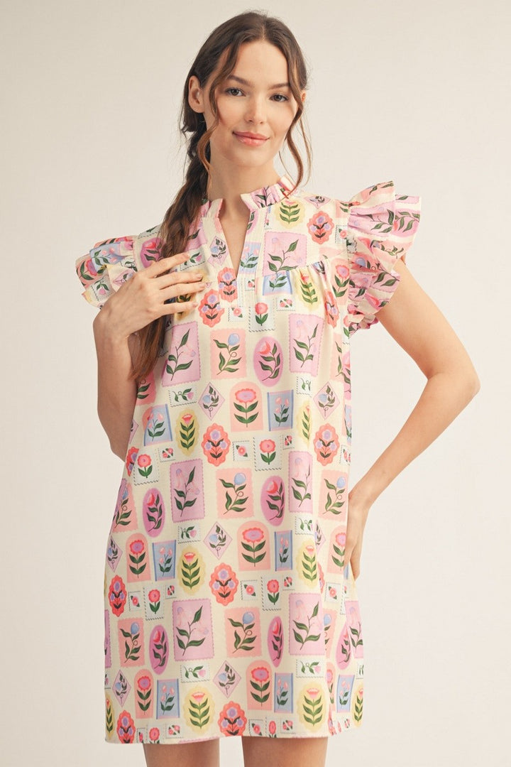 RUFFLE COLLAR FLORAL SHIFT DRESS