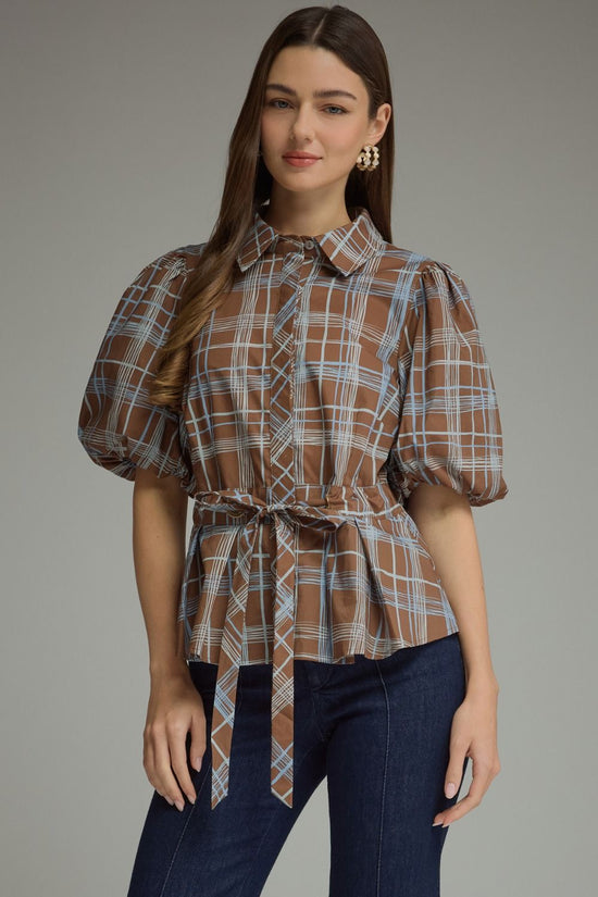 Front view of brown plaid puff-sleeve belted top