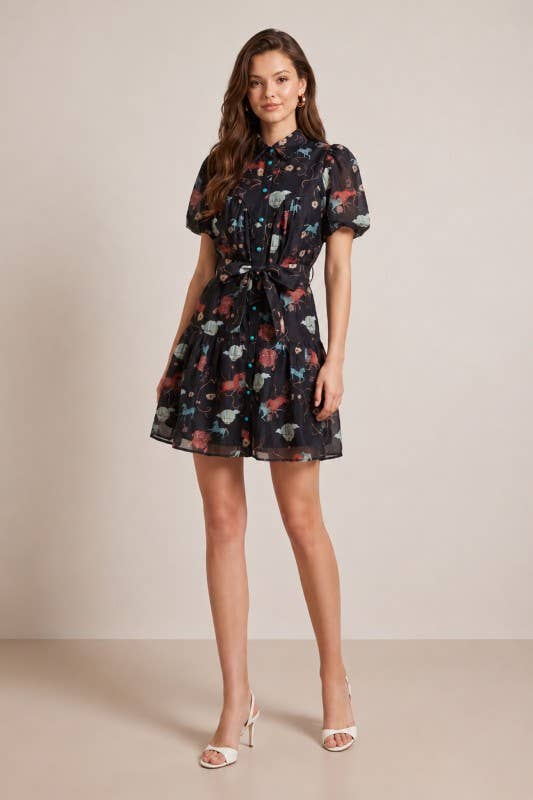 Black / Multicolor Floral Puff-Sleeve Belted Mini Dress - front view