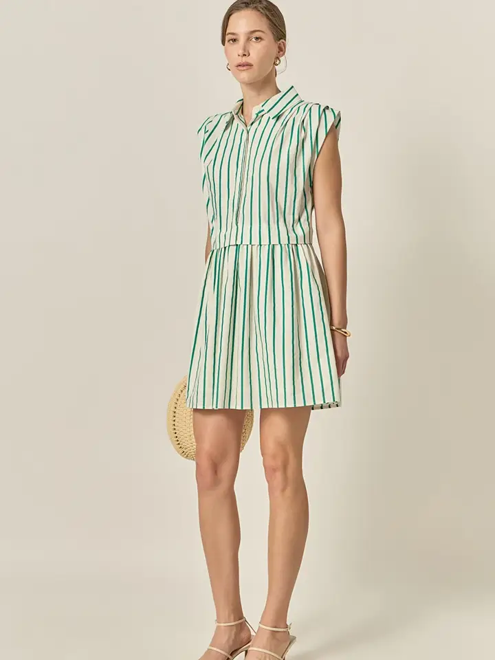STRIPED PLEATED SHIRT DRESS