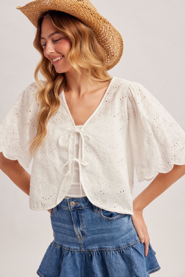 EMBROIDERED RIBBON TIED TOP