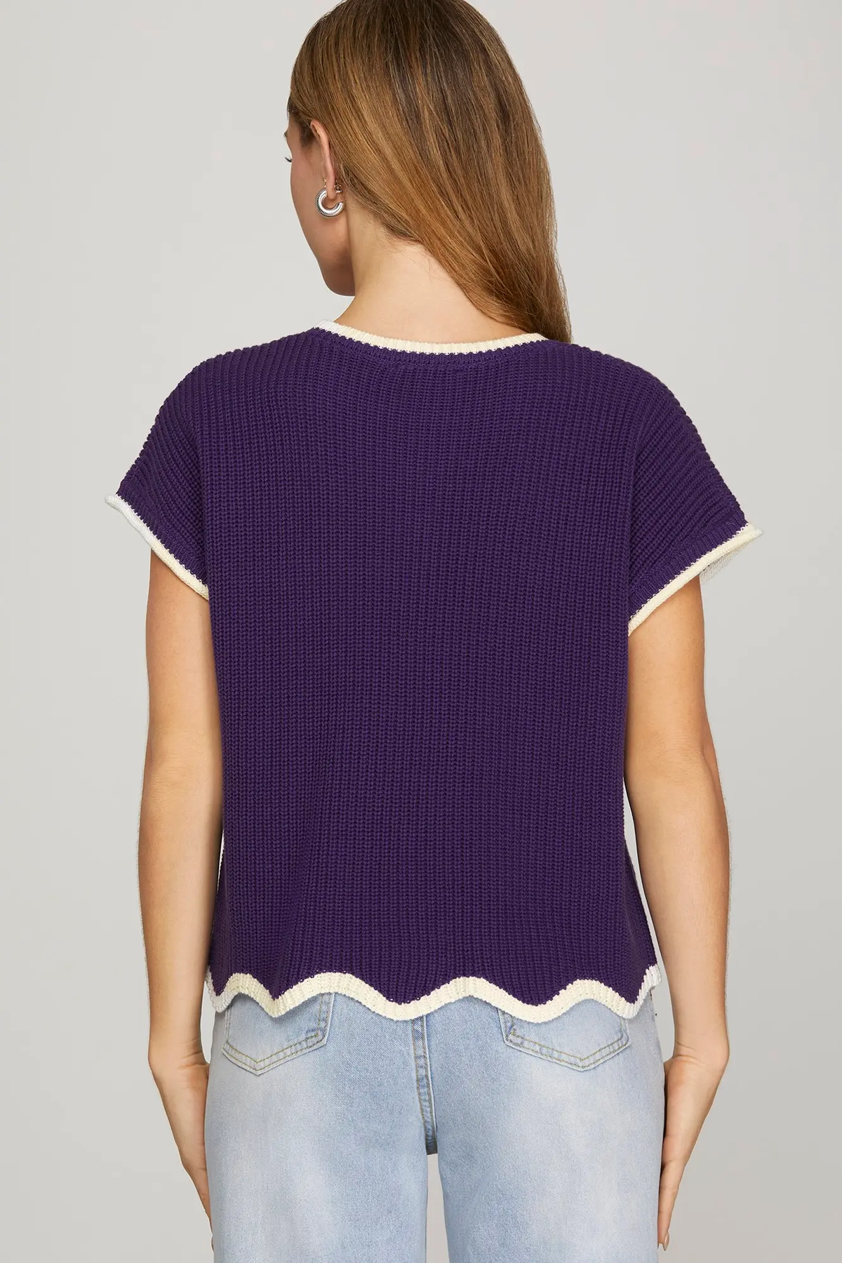 Purple contrast scallop-hem short-sleeve sweater - view 2