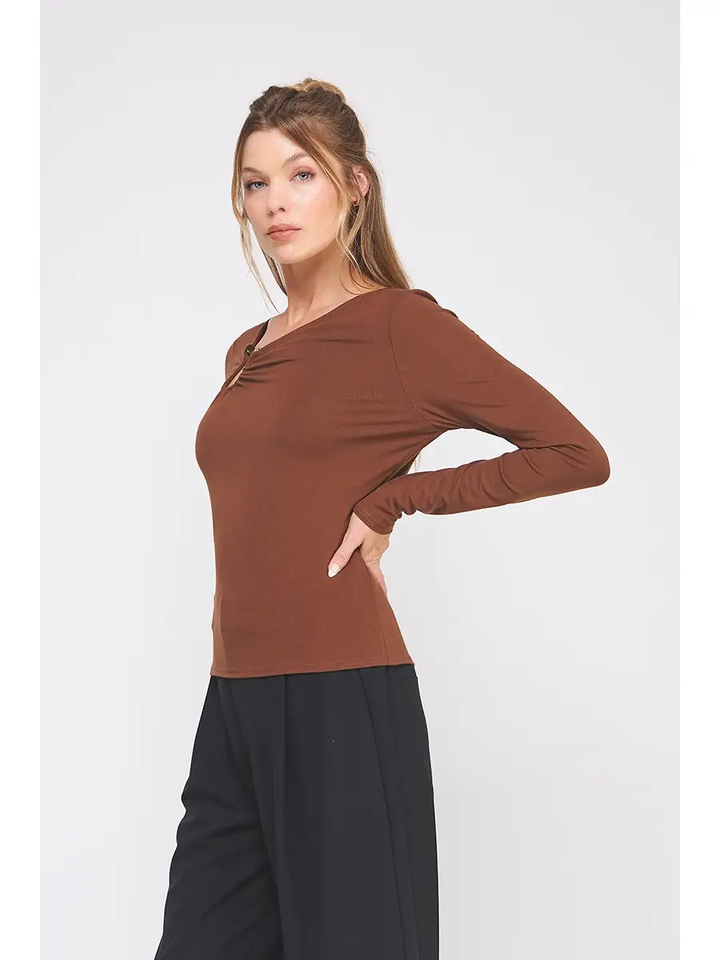 Brown asymmetric-neck long-sleeve top front view