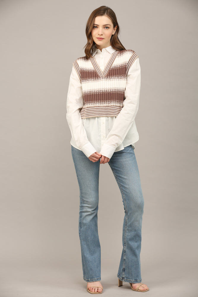 Layered white-and-brown twofer shirt, back view