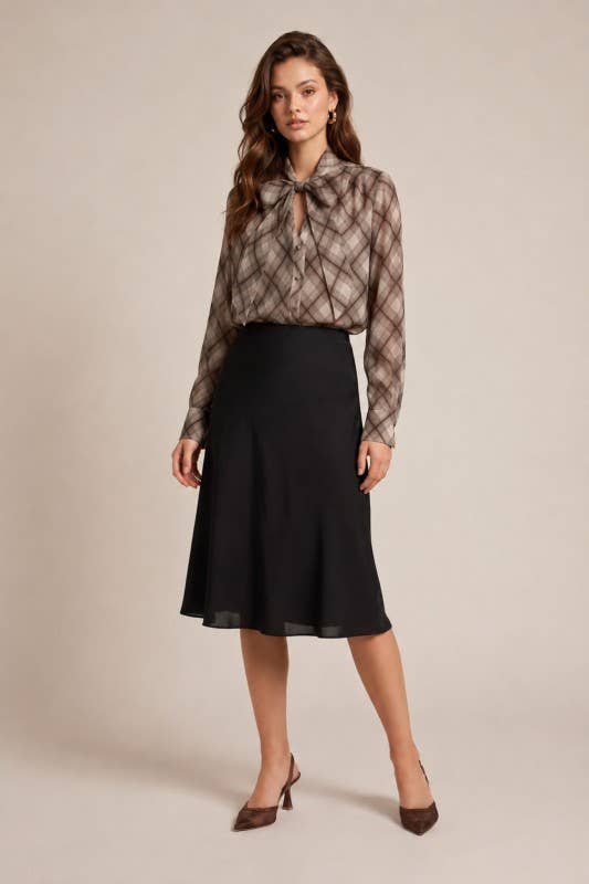 Brown Plaid Tie-Neck Blouse - front view