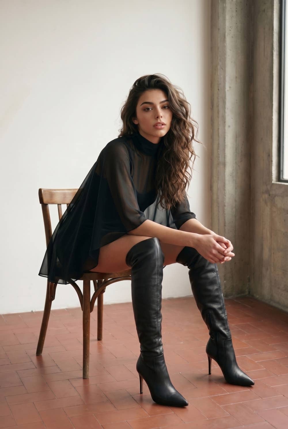Seated view of black cape-overlay satin mini dress showing sheer shoulder drape