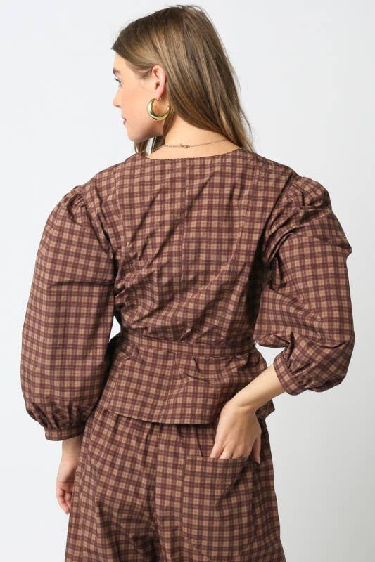 Gingham Puff-Sleeve Peplum Top