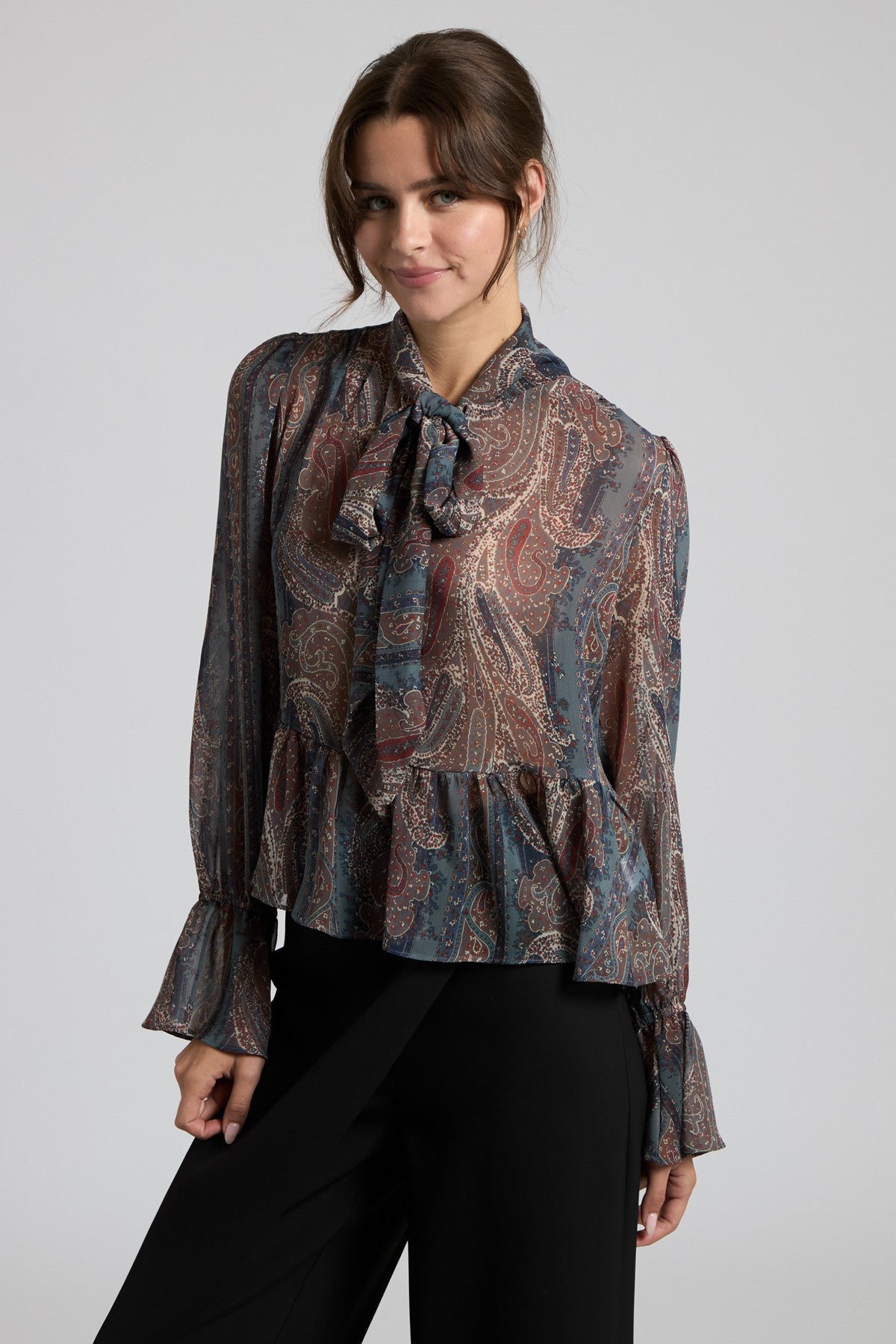 Paisley Tie-Neck Peplum Top